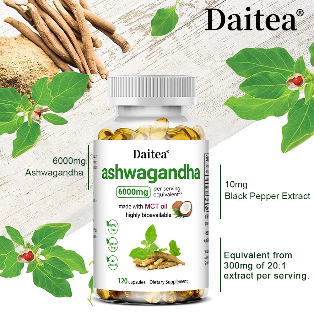 Ashwagandha Root Extract Capsules 6000mg Supplement Help Stress, Focus, Brain, Energy Support Sleep Health,Non-GMO, Vegan